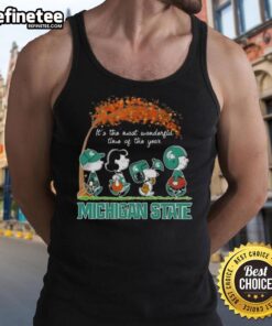 Alt Text: Premium Michigan State Spartans tank top featuring Snoopy and friends celebrating autumn's most wonderful time.