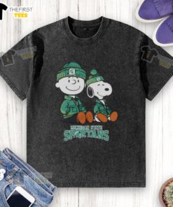Premium Michigan State Spartans X Snoopy and Charlie Brown washed t-shirt featuring vibrant graphics and soft fabric.
