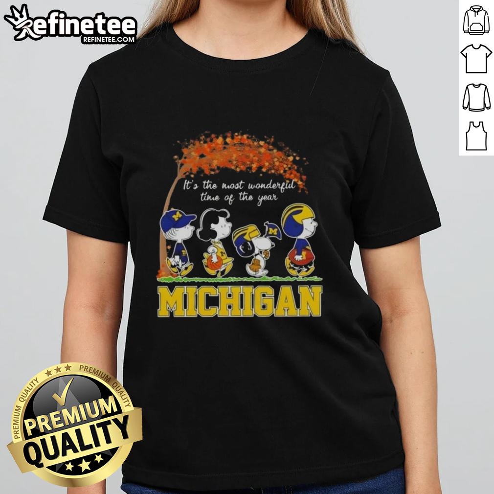 premium-michigan-wolverines-x-peanuts-snoopy-and-friends-autumn-its-the-most-wonderful-time-of-the-year-ladies-tee Premium Michigan Wolverines X Peanuts Snoopy and Friends autumn ladies tee celebrating the most wonderful time of the year.
