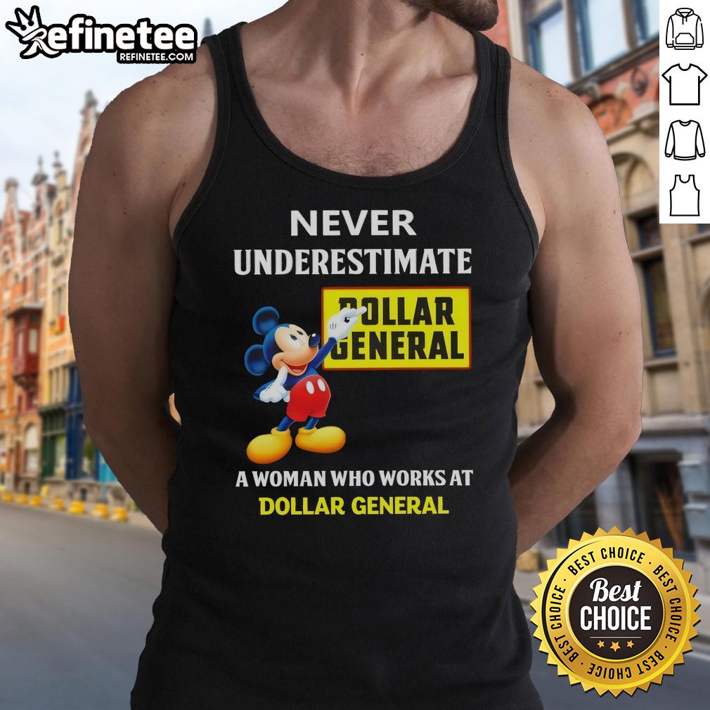 premium-mickey-never-underestimate-dollar-general-a-woman-who-works-at-dollar-general-tank-top Premium Mickey Never Underestimate Dollar General tank top for women, showcasing a stylish design perfect for Dollar General employees.
