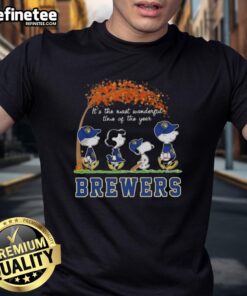 Alt Text: Premium Milwaukee Brewers X Peanuts Snoopy And Friends autumn T-shirt featuring festive design for the holiday season.