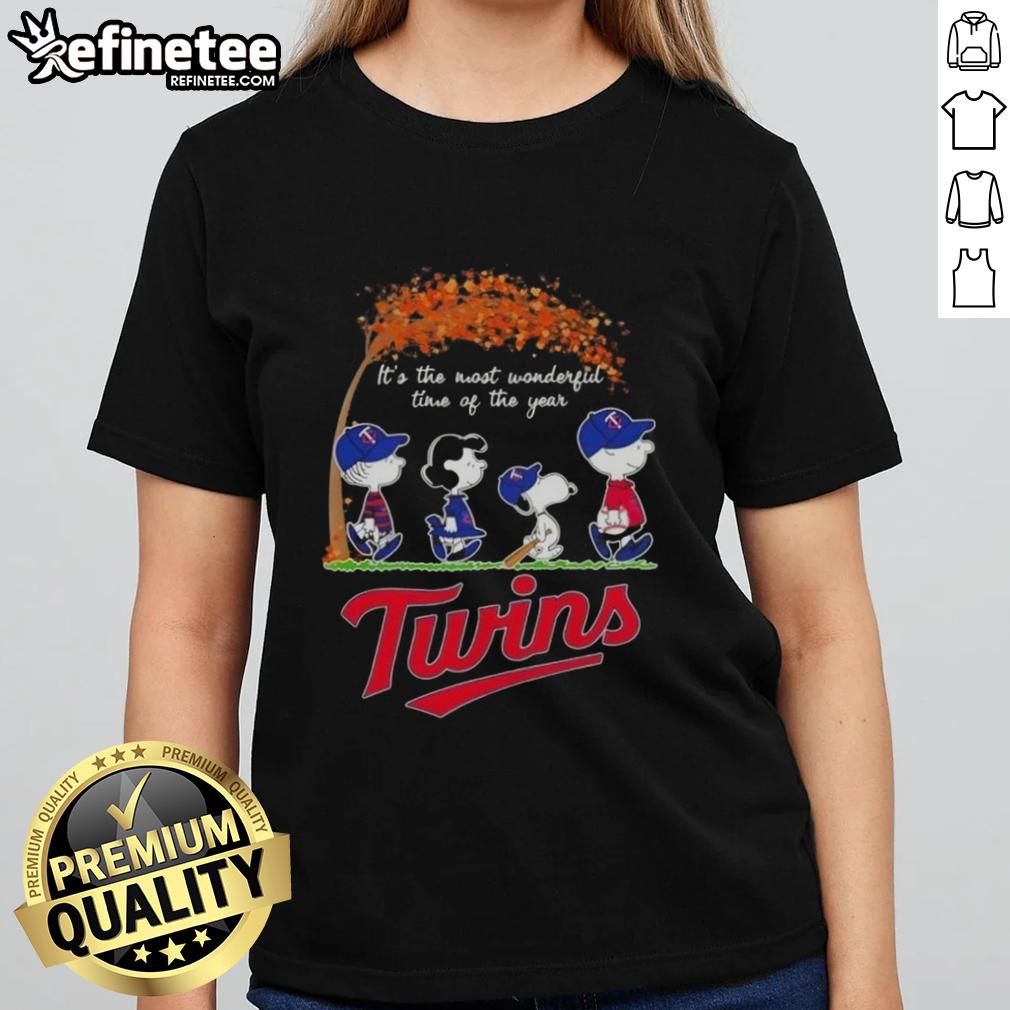 premium-minnesota-twins-x-peanuts-snoopy-and-friends-autumn-its-the-most-wonderful-time-of-the-year-ladies-tee Premium Minnesota Twins X Peanuts tee featuring Snoopy and friends celebrating autumn, perfect for the season.