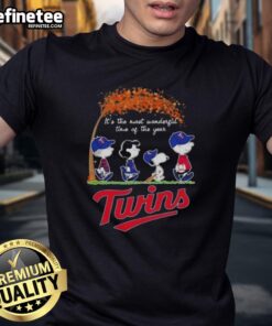 Alt Text: Premium Minnesota Twins X Peanuts Snoopy and Friends autumn T-shirt featuring festive design, perfect for fall celebrations.