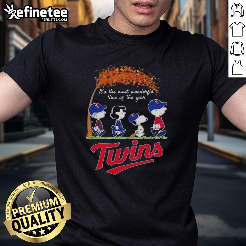 premium-minnesota-twins-x-peanuts-snoopy-and-friends-autumn-its-the-most-wonderful-time-of-the-year-t-shirt Alt Text: Premium Minnesota Twins X Peanuts Snoopy and Friends autumn T-shirt featuring festive design, perfect for fall celebrations.