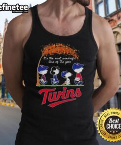 Premium Minnesota Twins X Peanuts Snoopy tank top celebrating autumn with 'It's the Most Wonderful Time of the Year' design.