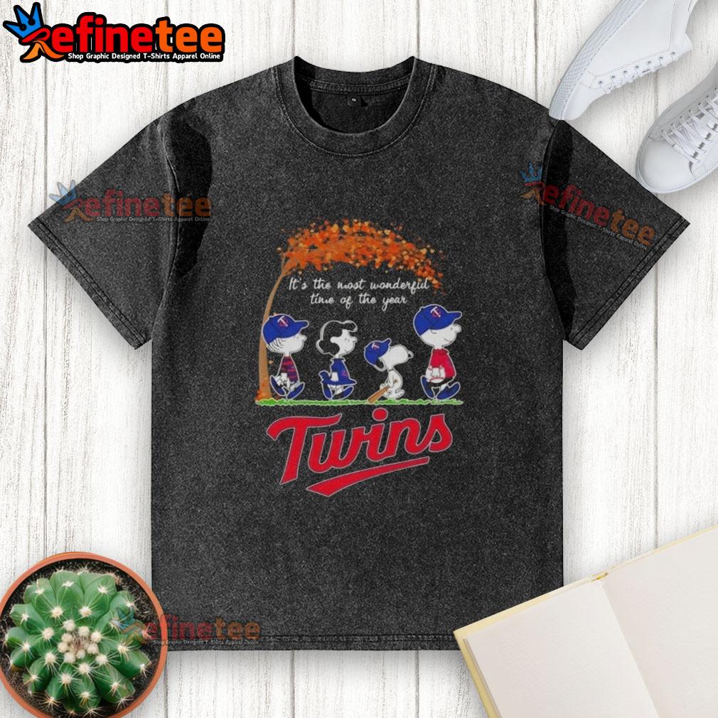 premium-minnesota-twins-x-peanuts-snoopy-and-friends-autumn-its-the-most-wonderful-time-of-the-year-washed-t-shirt Premium Minnesota Twins X Peanuts Snoopy autumn t-shirt featuring 'It's The Most Wonderful Time Of The Year' design.
