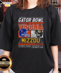 Premium Missouri Tigers vs Virginia Cavaliers 2025 TaxSlayer Gator Bowl ladies tee showcasing team logos and vibrant colors.