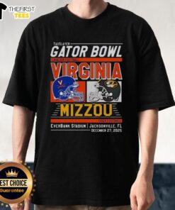 Premium Missouri Tigers vs Virginia Cavaliers 2025 TaxSlayer Gator Bowl head-to-head T-shirt design featuring bold team logos.