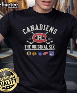 Alt Text: Premium Montreal Canadiens The Original Six Combined T-Shirt featuring iconic team logos and stylish design.