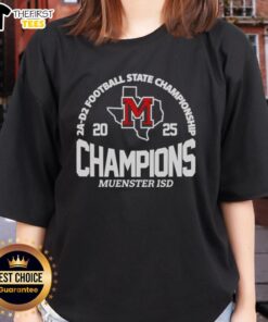 Premium Muenster ISD 2A D2 Football State Champions Ladies Tee featuring team colors and championship logo.