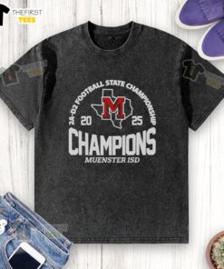 Premium Mnster ISD 2A D2 Football State Champions washed t-shirt featuring team logo and vibrant colors.