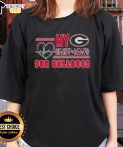 Alt Text: Premium My Heart Beats for Georgia Bulldogs Football Ladies Tee in red, perfect for passionate fans and game day.