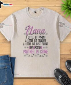 Alt Text: Premium Nana washed t-shirt featuring 'Partner in Crime' design, perfect for parent-teacher meetings and best friends.
