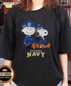 Premium Navy Midshipmen X Snoopy and Charlie Brown Ladies Tee featuring fun graphics and a stylish fit for fans.