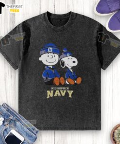 Premium Navy Midshipmen X Snoopy and Charlie Brown washed t-shirt featuring a vibrant graphic design.