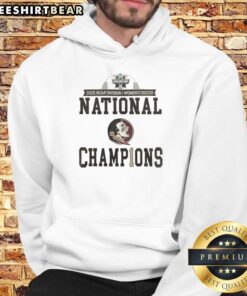 Alt Text: Premium NCAA Women's Soccer National Champions Florida State Seminoles 2-Sided Hoodie displayed in locker room setting.
