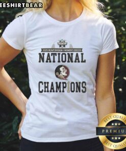 Premium NCAA Women's Soccer National Champions Florida State Seminoles 2-sided ladies tee in locker room setting.