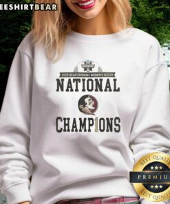 Alt Text: Premium NCAA Women's Soccer National Champions Florida State Seminoles 2-Sided Sweatshirt displayed in locker room.