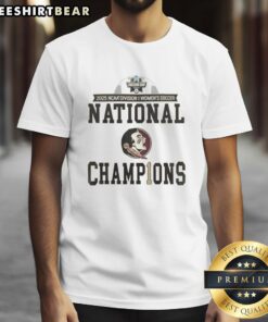 Premium NCAA Women's Soccer National Champions Florida State Seminoles 2-sided T-shirt in locker room setting.