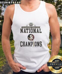 Alt Text: Premium NCAA Womens Soccer National Champions Florida State Seminoles 2-Sided Tank Top displayed in locker room setting.