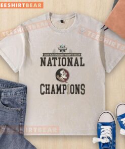 Premium NCAA Women's Soccer National Champions Florida State Seminoles 2-Sided Washed T-Shirt in locker room setting.