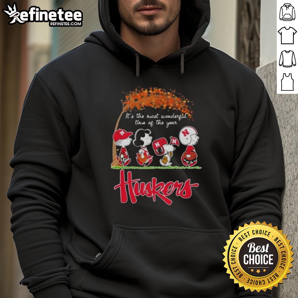 premium-nebraska-cornhuskers-x-peanuts-snoopy-and-friends-autumn-its-the-most-wonderful-time-of-the-year-hoodie Premium Nebraska Cornhuskers X Peanuts Snoopy hoodie featuring autumn design, perfect for the most wonderful time of the year.