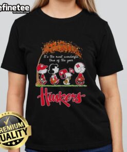 Premium Nebraska Cornhuskers X Peanuts Snoopy tee for ladies celebrating autumn's wonderful season.