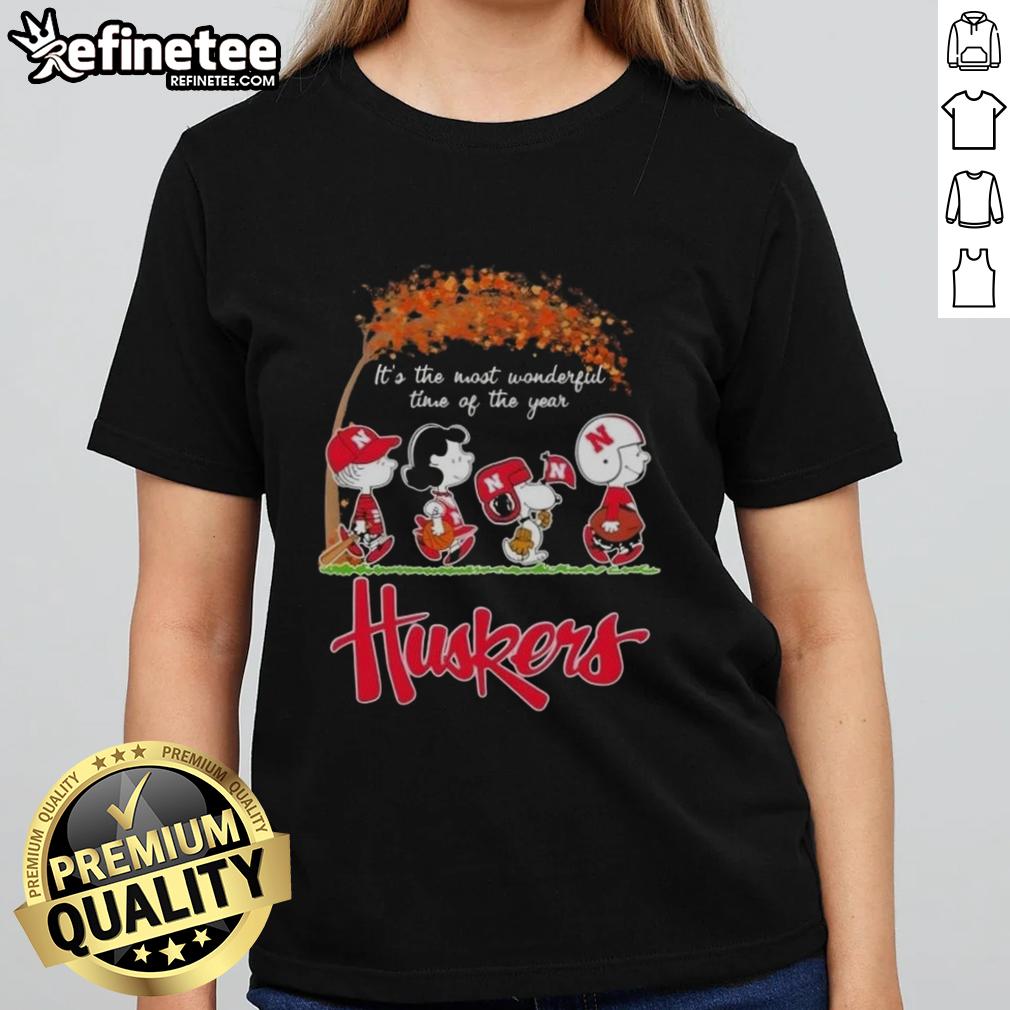 premium-nebraska-cornhuskers-x-peanuts-snoopy-and-friends-autumn-its-the-most-wonderful-time-of-the-year-ladies-tee Premium Nebraska Cornhuskers X Peanuts Snoopy tee for ladies celebrating autumn's wonderful season.
