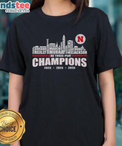 Premium Nebraska Huskers Big Three-Peat Champions 2025 Ladies Tee featuring vibrant team colors and stylish design.