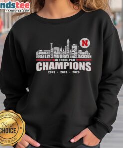 Premium Nebraska Huskers Big Three Peat Champions 2025 Sweatshirt in red, celebrating the team's championship victory.