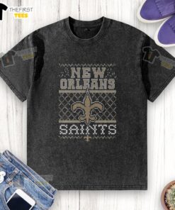 Premium New Orleans Saints holiday washed t-shirt in black, featuring team logo and festive design for football fans.