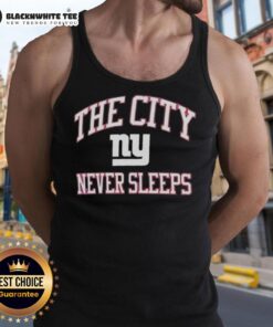 Premium New York Giants Nike tank top featuring 'The City Never Sleeps' design, perfect for fans and summer wear.