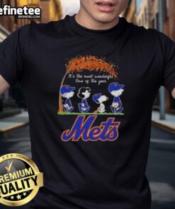 Alt Text: Premium New York Mets X Peanuts Snoopy and Friends autumn t-shirt featuring festive designs for the holiday season.