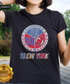 Premium New York Yankees, Giants, and Devils mashup logo on a ladies tee, perfect for sports fans and stylish wear.