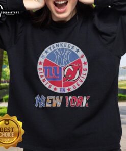 Alt Text: Premium New York Yankees, New York Giants, and New Jersey Devils mashup logo sweatshirt featured in stylish design.