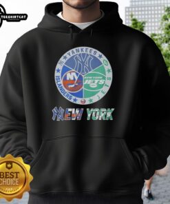 Alt Text: Premium New York Yankees, Islanders, Jets, and Knicks mashup logo hoodie featuring vibrant team colors and stylish design.