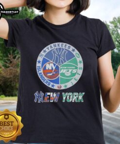 Alt Text: Premium New York Yankees, Islanders, Jets, and Knicks mashup logo on a stylish ladies tee for sports fans.