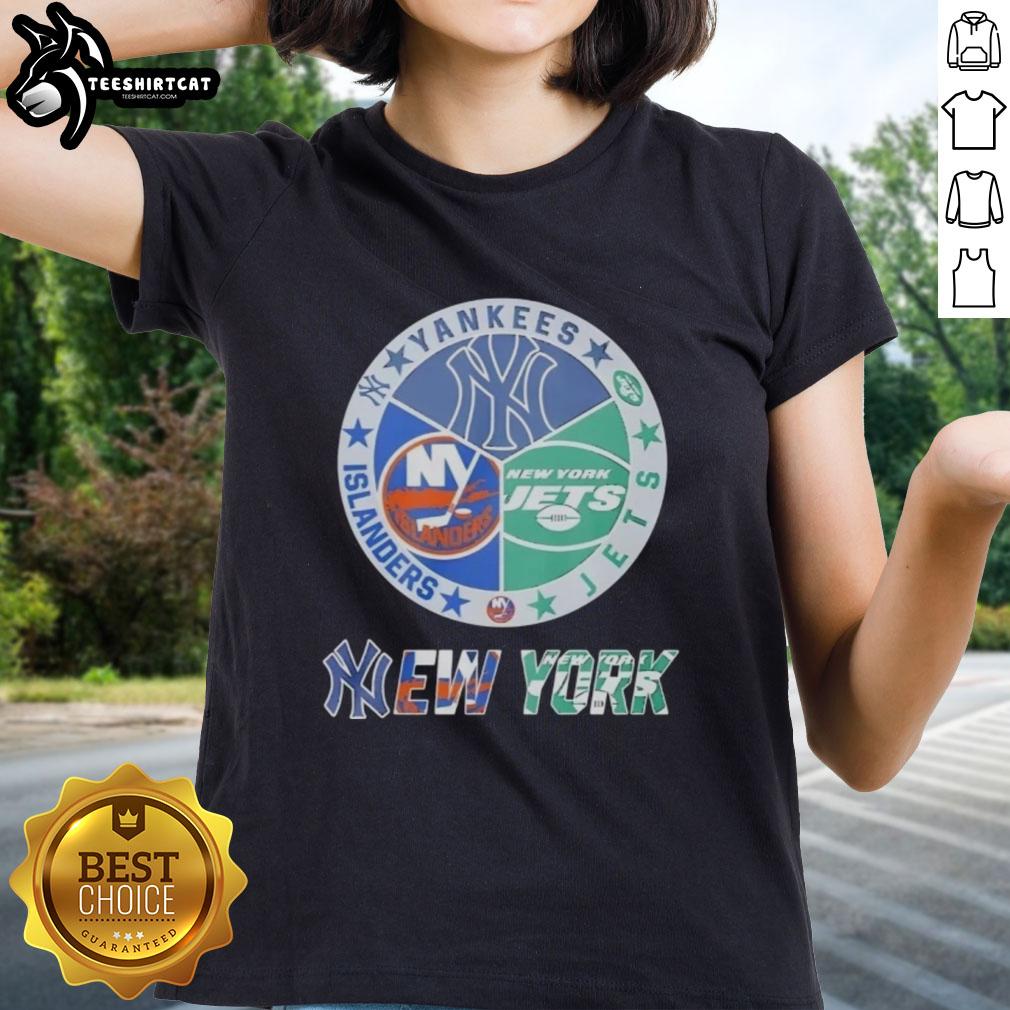 premium-new-york-yankees-new-york-islanders-new-york-jets-and-new-york-knicks-mashup-logo-ladies-tee Alt Text: Premium New York Yankees, Islanders, Jets, and Knicks mashup logo on a stylish ladies tee for sports fans.