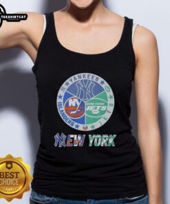 Alt Text: Premium mashup logo tank top featuring New York Yankees, Islanders, Jets, and Knicks for sports fans.