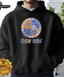 Alt Text: Premium New York Yankees, Knicks, Rangers, Mets mashup logo hoodie featuring iconic team logos and vibrant colors.