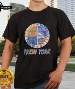 Premium New York Yankees, Knicks, Rangers & Mets mashup logo T-shirt showcasing iconic NYC sports teams in stylish design.