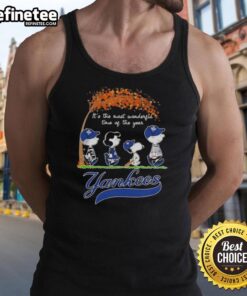 Premium New York Yankees X Peanuts Snoopy tank top for autumn featuring 'It's the Most Wonderful Time of the Year' design.