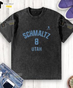 Alt Text: Premium Nick Schmaltz Utah Mammoth Ice Hockey Name and Number 8 washed t-shirt in navy blue, perfect for fans.