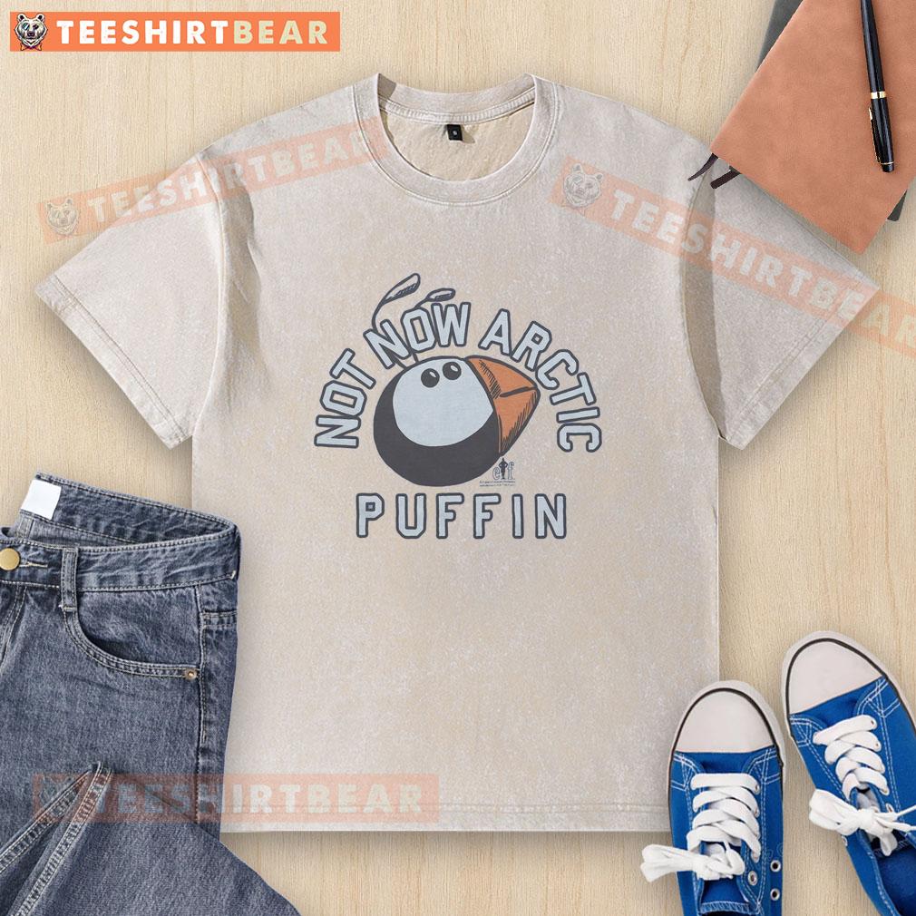 premium-not-now-arctic-puffin-washed-t-shirt Premium Not Now Arctic Puffin washed t-shirt featuring a vibrant puffin graphic on soft, eco-friendly fabric.