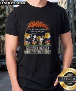Alt Text: Premium Notre Dame Fighting Irish X Peanuts Snoopy and Friends autumn t-shirt celebrating the most wonderful time.