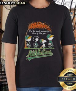 Premium Oakland Athletics X Peanuts Snoopy and Friends autumn ladies tee celebrating the most wonderful time of the year.