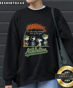 Alt Text: Premium Oakland Athletics X Peanuts Snoopy sweatshirt featuring autumn design, perfect for the most wonderful time of the year.
