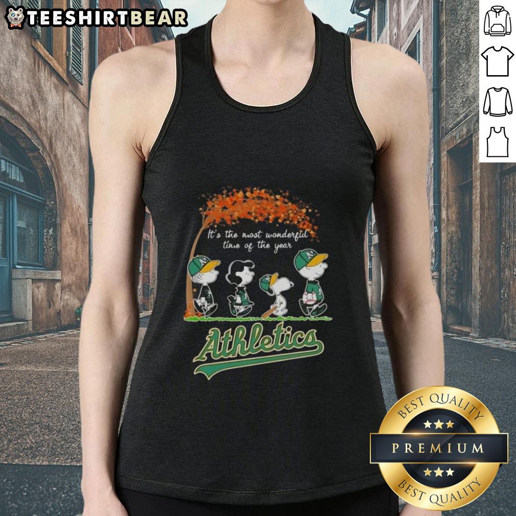 premium-oakland-athletics-x-peanuts-snoopy-and-friends-autumn-its-the-most-wonderful-time-of-the-year-tank-top Premium Oakland Athletics X Peanuts Snoopy tank top featuring autumn design, perfect for the most wonderful time of the year.