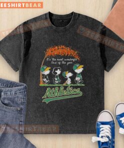 Premium Oakland Athletics X Peanuts Snoopy t-shirt, featuring autumn design, perfect for baseball fans this fall season.