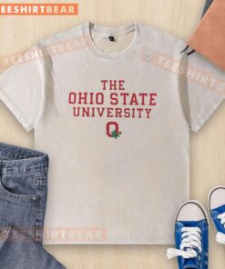 Premium Ohio State Buckeyes football logo on a washed t-shirt from The Ohio State University, perfect for fans.